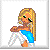 Pixelated character with long blonde hair, green eyes, and blue top sitting in a crouched pose on white background.
