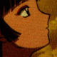 Animated sequence of a stylized female face in profile with orange skin, dark hair, and light eyes, overlaid with repeating 'Sango' text in brown and white script.