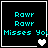 Four identical black square with cyan text and white borders, each displaying "Rawr Rawr Misses You" with varying heart symbols