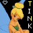 A pixelated animated contact sheet showing two frames of a Tinker Bell–style cartoon character with blonde hair in a bun, green top, and blue background, featuring vertical text "TINK" and heart symbols that change color between frames.