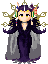 Pixel art character in dark purple gown with gray cape, gold crown, and colorful hair ornaments, shown in multiple poses with varying arm positions and facial expressions.