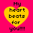 Four identical yellow heart-shaped icons with black text on a bright pink background, each displaying "My heart beats for you!!!!" in pixelated font.
