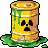 Pixel art of a yellow cylindrical barrel with brown metal bands, green liquid dripping down its sides, and a black skull-and-crossbones symbol on the front.