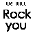 pixelated text variations displaying 'Rock you' and 'we will' with pink heart accents, some letters in black or magenta on white background