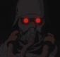 Animated contact sheet of a character with glowing red eyes, gas mask, and helmet against a brick wall background.