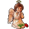 Pixelated angel icon with brown hair, white robe, green cross, red rose, and golden halo in four variations showing wing positions.