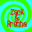 Four identical display red text 'Zack & Bruna' over a green and cyan spiral background with pixelated edges
