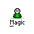 Pixel art character in green shirt with multiple poses including standing, waving, and transforming into abstract shapes, all labeled 'Magic' below.