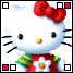 Hello Kitty character with red bow, yellow nose, black whiskers, and striped scarf in pixelated style.