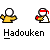 Pixel art animation of two figures with white heads and red headbands performing a sequence involving blue energy effects, labeled 'Hadouken' beneath each frame.