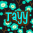 Pixelated teal flowers with white centers on dark background, overlaid with brown-outlined cyan text reading 'Tayy hearts boy her 33'.