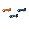 Pixel art animation of orange and blue cats in various poses on a gray background, including lying down, standing, and sitting.