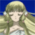 Pixelated anime-style character with closed eyes, long green hair, and a white top against a blue background.