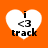 Four heart-shaped icons with orange background, each containing 'i <3 track' text in black pixelated font.