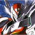A pixelated anime-style character with red headgear and white armor-like features against a blue background, showing subtle color variations