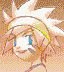 Pixelated character with spiky blonde hair and blue eyes shows changing facial expressions