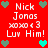 Red background with repeated white text 'Nick Jonas xoxo <3 Luv Him!' and alternating green and cyan heart icons.