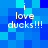Blue pixelated background with white text reading "i love ducks!!!" repeated in four identical quadrants.