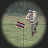 Pixelated circular icon shows a figure in light-colored clothing holding a red and blue object against a muted greenish background.