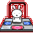 Pixelated bunny with closed eyes sits in red arcade machine, blue and pink buttons visible, text reads Dance Darn You !!!!! on right.