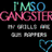 Pixelated text reads 'TMSO GANGSTER' in teal and pink, with grayed-out lower text lines and a blue heart outline on black background.