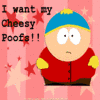 Pixelated character in red jacket and blue hat stands against pink starry background with text "I want my Cheesy Poofs!!" on left, orange textured background with same text on right.