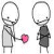A 4-frame animated contact sheet showing stick figure characters exchanging a pink heart, with alternating gray and white body colors across frames.