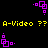 Pixelated purple geometric shapes and yellow text on a black background, with repeated 'A-Video ??' phrases and multiple purple square-based icons arranged in a pattern