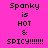A static image with a bright pink background displaying the text "Spanky is HOT & SPICY!!!!!!" in black pixelated font, where specific words alternate between cyan and pink backgrounds.