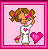 A 4x3 contact sheet of a pixel-art animated icon featuring a cartoon girl with pigtails, pink hearts, and text elements that change across frames.