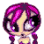 Pixelated cartoon character with pink hair and large eyes, wearing dark clothing, next to handwritten-style text on a white background.