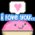 Pixelated pink cupcake with smiling face, heart speech bubble, and changing text overlays on black background.