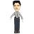 Pixelated static image of a stylized human figure with short dark hair, light skin, and a neutral expression, wearing a gray long-sleeve shirt and dark pants against a solid gray background.