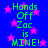 Blue background with pink stars and green text reading "Hands Off Zac is MINE!" repeated twice in a