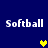 Four instances of the word "Softball" in white pixelated text on a dark blue background, with three yellow and one green heart icon in different positions.