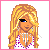 Pixel art contact sheet showing a blonde female character in multiple poses with pink and white clothing, holding a pink handbag, and displaying text elements like 'pretty' and 'bronze'.
