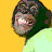 Animated contact sheet of a chimpanzee in various poses wearing a light green shirt against a yellow background, with "PICT" text visible on some frames and "riotweb.com" at the bottom left.