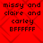 Red background with diamond pattern and repeated text "missy and claire and carley BFFFFFF" in black pixelated font.