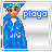 Pixelated character in blue robe with white accents stands against silver gradient background, text 'playa' appears to the right of the figure.