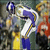 Pixelated figure in blue and white uniform with yellow accents, holding a football-like object against blurred background.