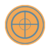 Circular orange emblem with blue concentric rings and crosshairs at center, rendered in pixelated style on gray background.