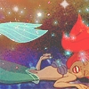 A pixelated character with red hair and a green tail lies on a starry background, eyes closed, with one arm raised.
