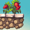 Pixel art of two red chili peppers with green leaves growing on a stone wall against a light blue background.