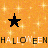 Two black star-shaped icons with small vertical extensions at top, positioned on an orange background with scattered light spots; text below reads "HALLOWEEN" in pixelated letters.