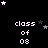 Black background with white pixelated text 'class of 08' repeated in a , surrounded by scattered stars and one gray square