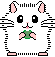 Pixelated white hamster with pink inner ears and feet, black eyes, small pink nose, green chest patch, holding a green object in both hands.