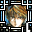 Pixelated character with brown hair and white eyes in a of black, white, blue, and gray geometric shapes