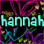 Pixelated icon with cyan text 'hannah' over black background, surrounded by pink, purple, green, and yellow abstract shapes.