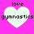 Four identical heart-shaped icons with text overlays on a bright pink background, each displaying 'love' above and 'gymnastics' below.