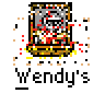 A 3x3 contact sheet of pixelated Wendy's animated buddy icons showing various logo styles and mascot frames with visible dithering, color artifacts, and transparency effects on a gray background.